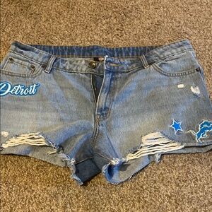 NFL Blue Jean Shorts with Frayed Hem and Distressed Details